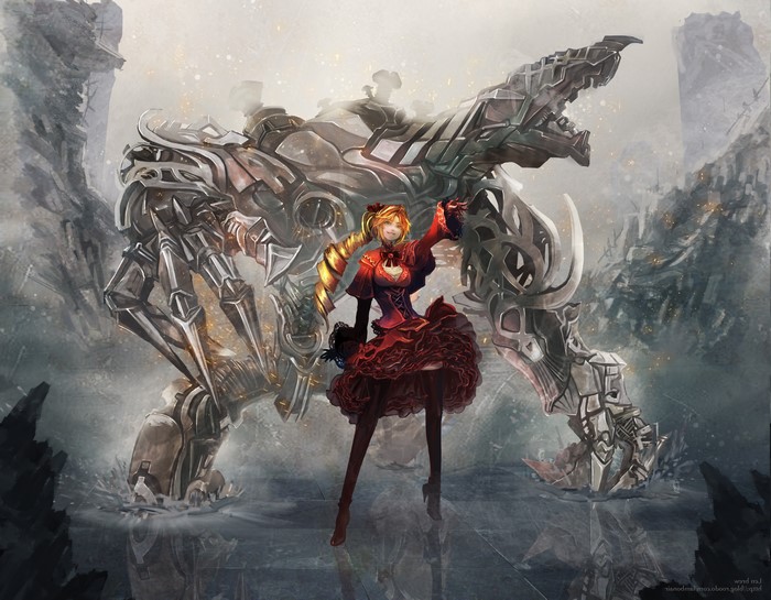 Anime girl in red dress with a robot
