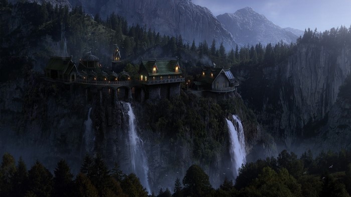 Fantasy elven city built on cliffs with waterfalls