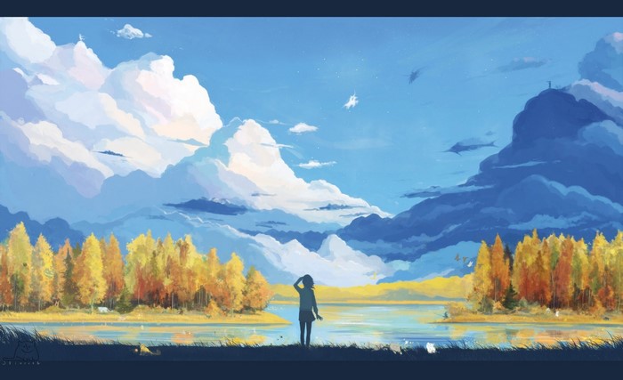 Serene Autumn Landscape with Silhouette by Lake