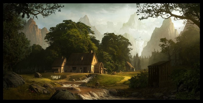 Fantasy landscape with mill and mountains by Andree Wallin