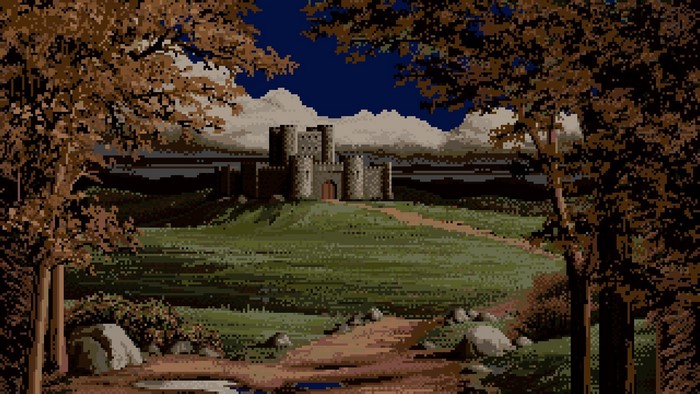 Pixel art castle on a hill at night