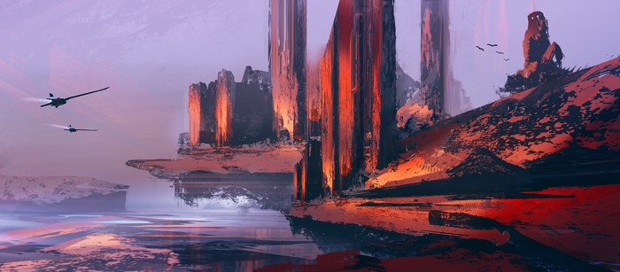 Futuristic abstract landscape with flying vehicles