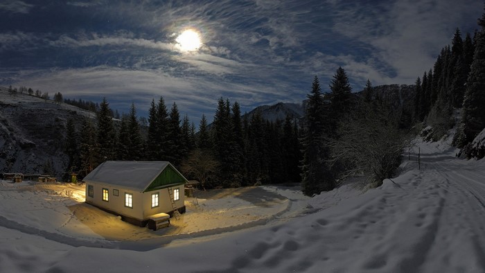 Winter night scene with a house under moonlight