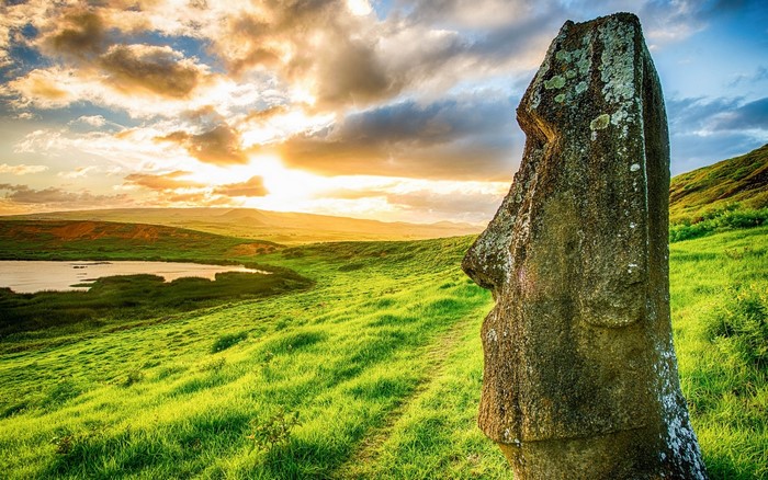 Moai statue on Easter Island at sunset