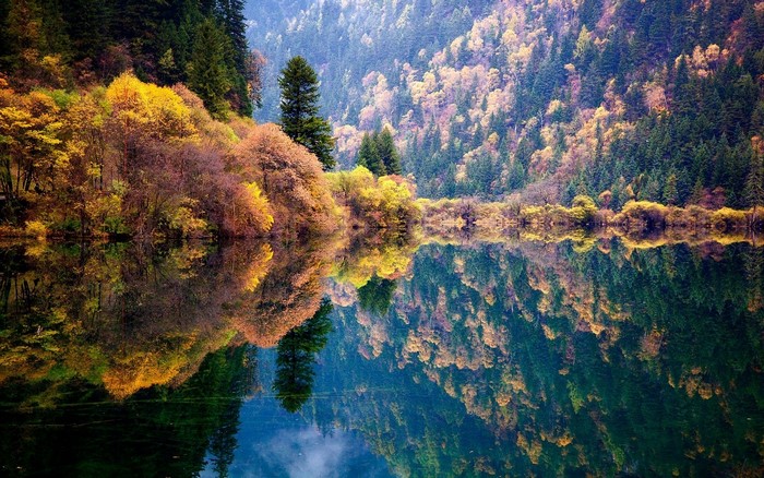 Autumn forest reflected in a calm lake in China