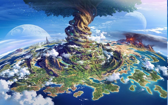 Fantasy world with a giant tree and planets