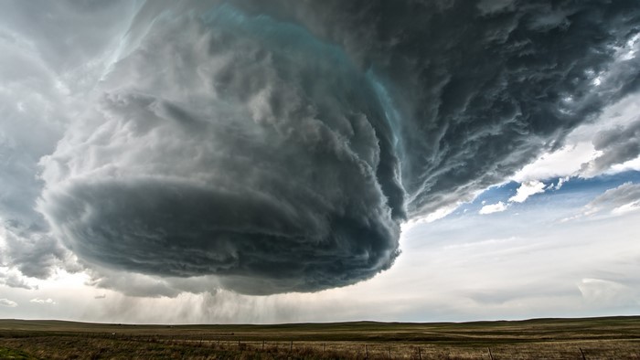 Supercell storm over a grassy field in Wyoming