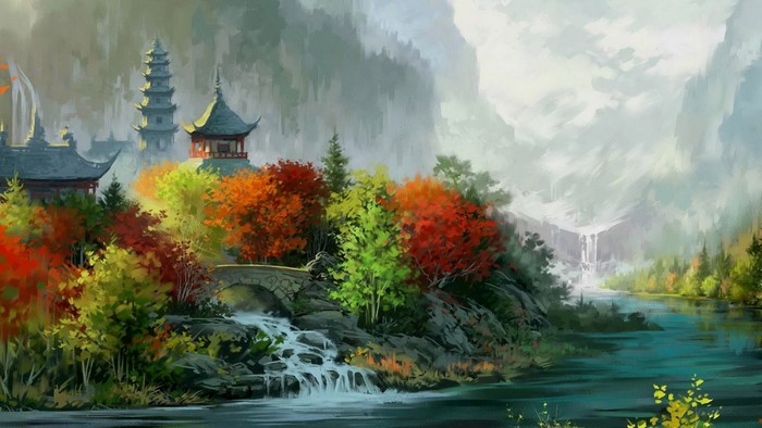 Serene Asian Landscape with River and Pagodas