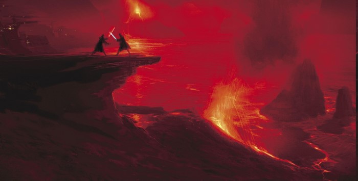 Star Wars artwork: Darth Vader and Obi-Wan Kenobi duel on Mustafar