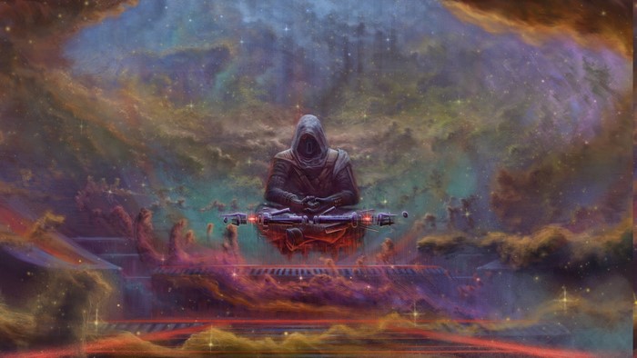 Sith from Star Wars meditating in a nebula