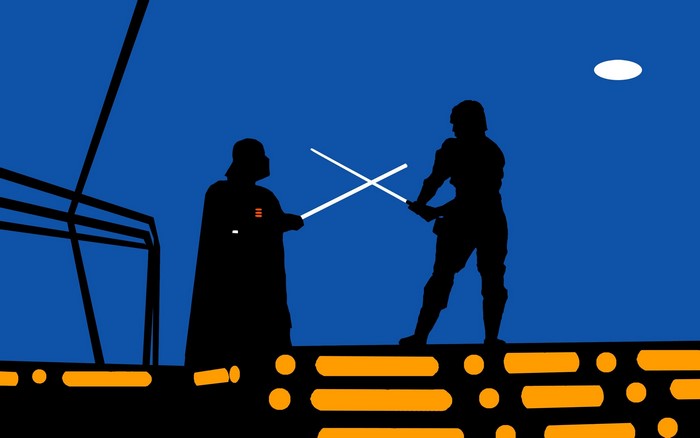 Darth Vader and Luke Skywalker fighting with lightsabers