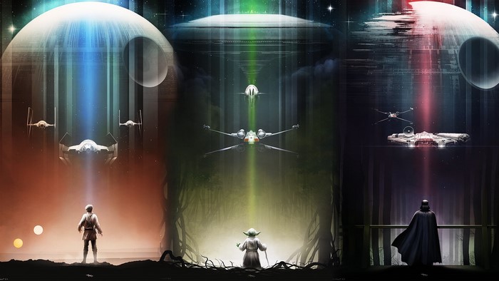 Star Wars: Luke Skywalker, Yoda, Darth Vader, and ships
