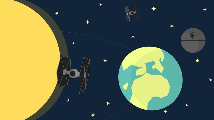 Star Wars artwork: Earth, Death Star, TIE fighters, and Sun