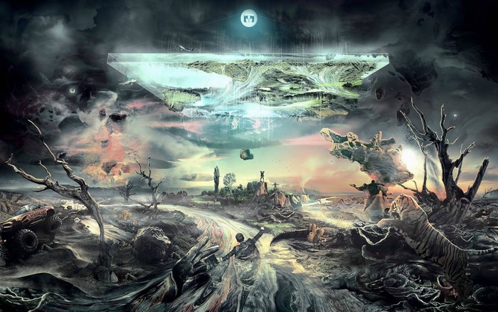 Surreal landscape with floating islands and a tiger