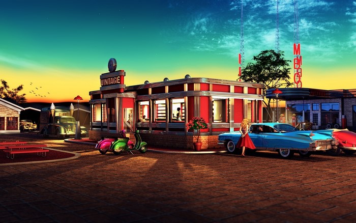 Vintage diner with classic cars and scooters at sunset