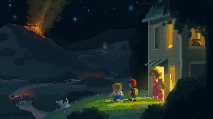 Children watch a volcano erupt near a house at night