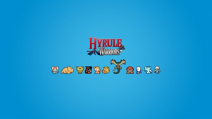 Hyrule Warriors pixel art characters and logo