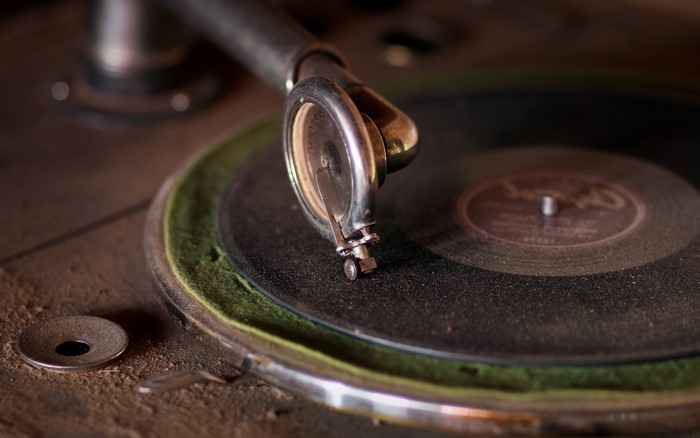 Close-up of a vintage gramophone with a record