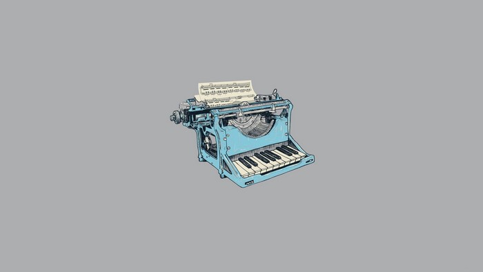 Blue typewriter with piano keys and sheet music
