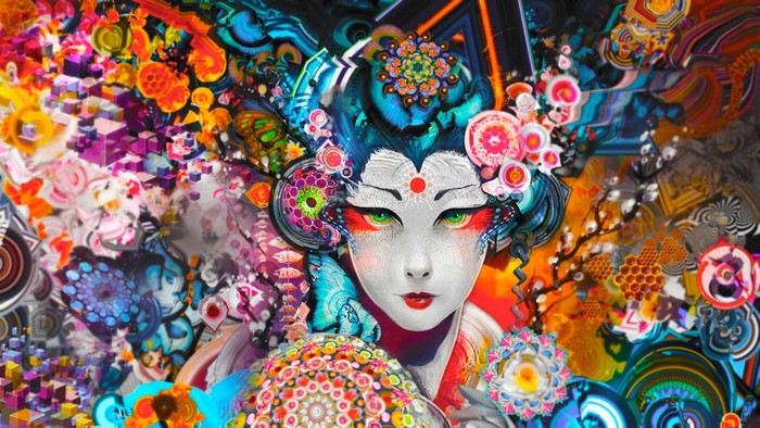 Colorful abstract geisha with intricate patterns