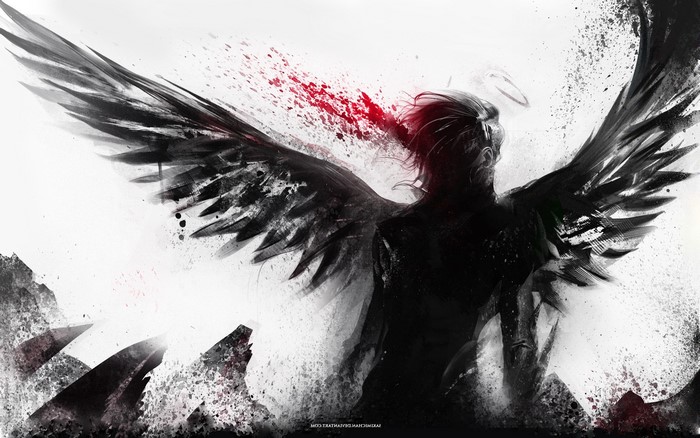 Dark angel with black wings and red blood spatter