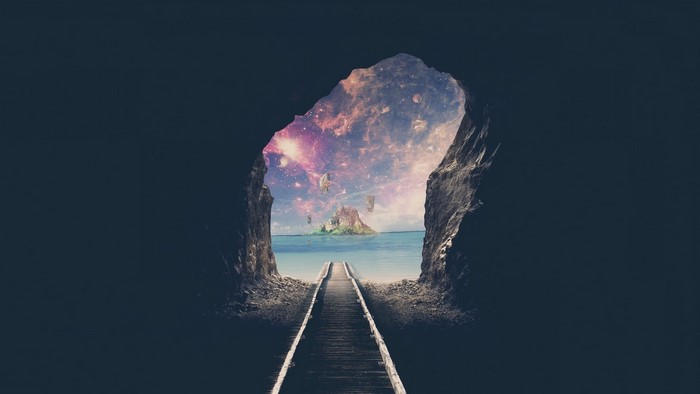 Fantasy landscape with floating islands and a pathway