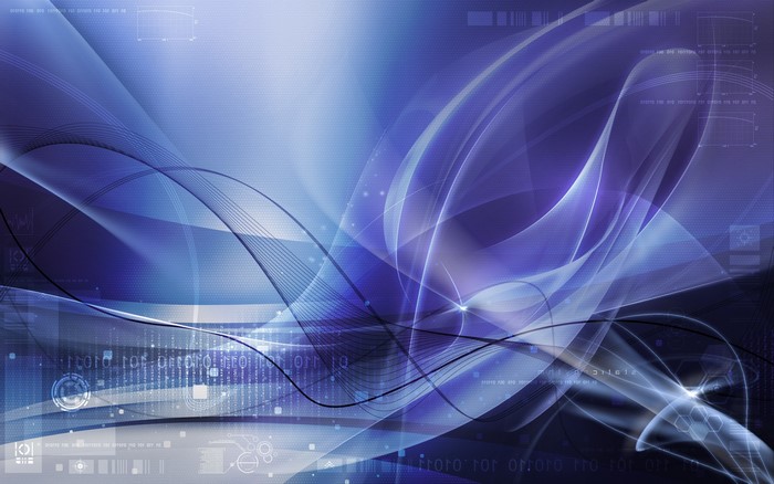 Abstract blue digital art with waves and binary code