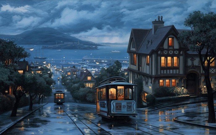 San Francisco Cable Cars Painting at Night