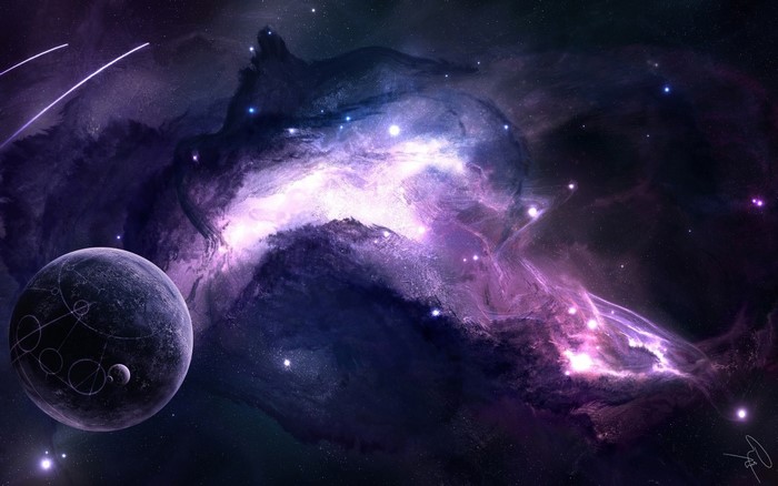 Space Nebula with Planet and Shooting Stars