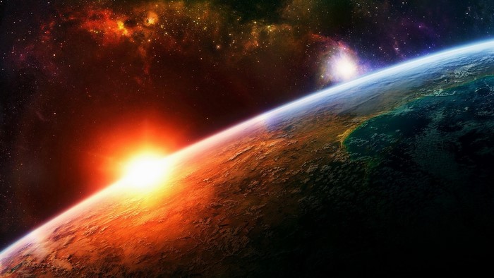 Earth and Sun in Space with Galaxy