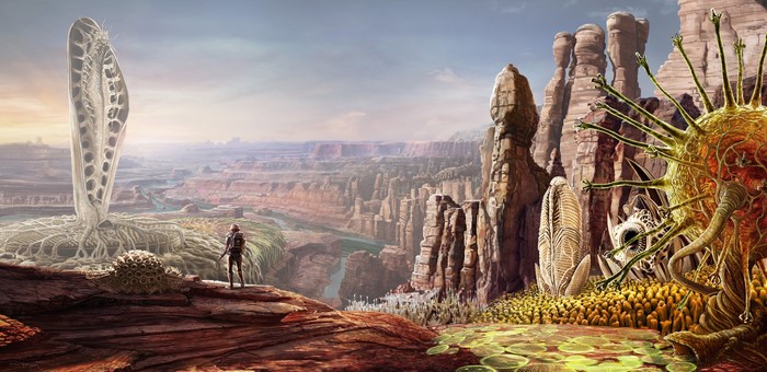 Astronaut on alien planet with strange flora and canyon