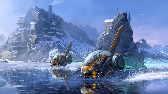Futuristic hovercrafts on an icy planet with mountains