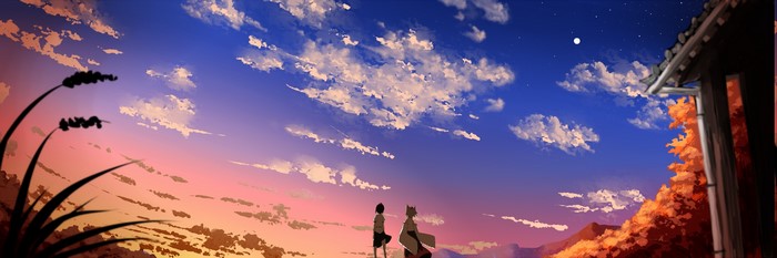 Two figures watch the sunset over a landscape