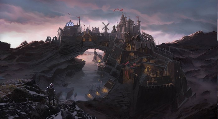 Fantasy knight overlooking a castle on a cliff