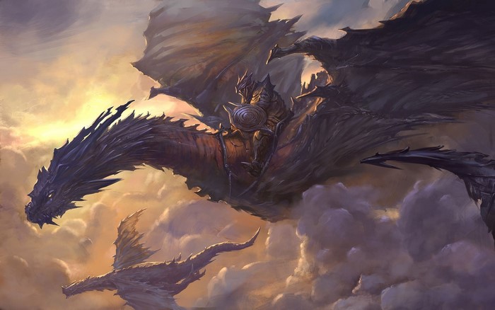 Armored Warrior Riding Dragon in Fantasy Sky