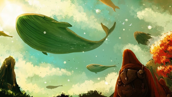 Fantasy art of whales flying in the sky
