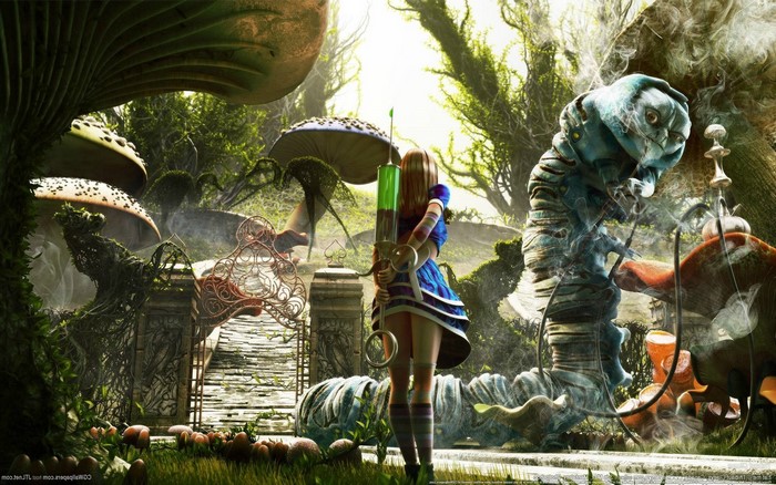 Alice Facing a Giant Caterpillar in a Fantasy Garden
