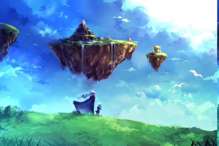 Floating islands with waterfalls and castles, fantasy art