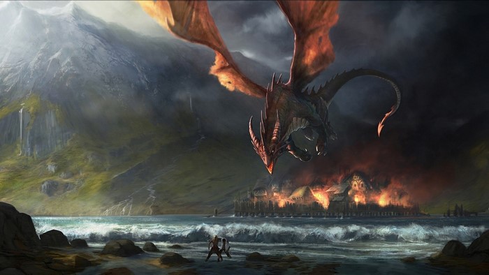 Dragon attacking a burning village from The Hobbit