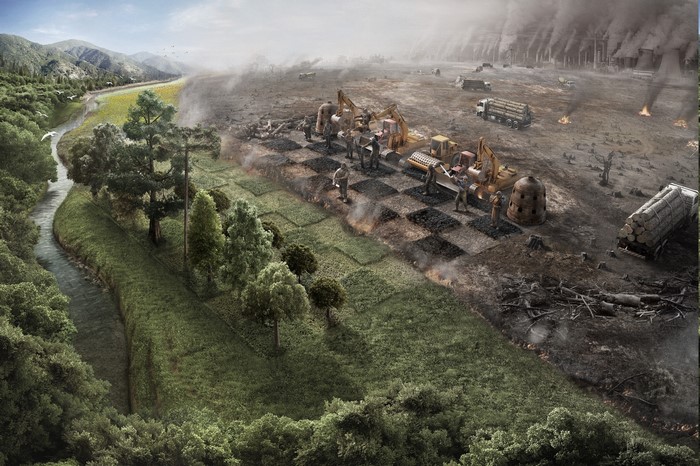 Environmental destruction depicted as a chess game with construction vehicles