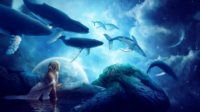 Fantasy art of whales and a woman in space