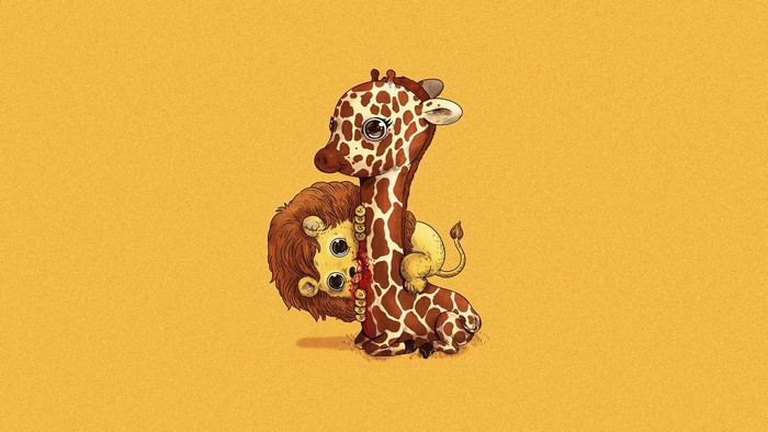 Cartoon giraffe and lion cub with blood