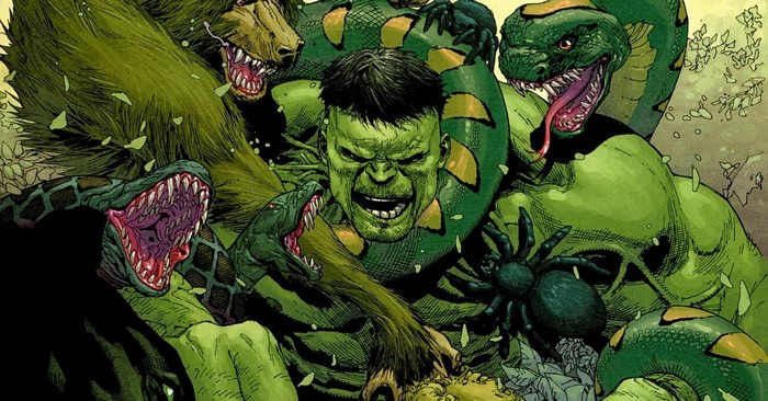 The Incredible Hulk fighting snakes and a spider