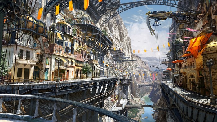Steampunk Cityscape Over a Mountain Gorge