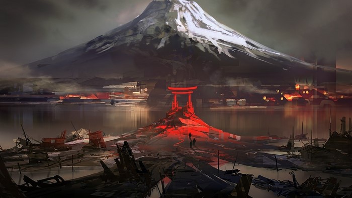 Mount Fuji with a red torii gate and ruins