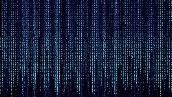 Digital art of falling blue characters and numbers