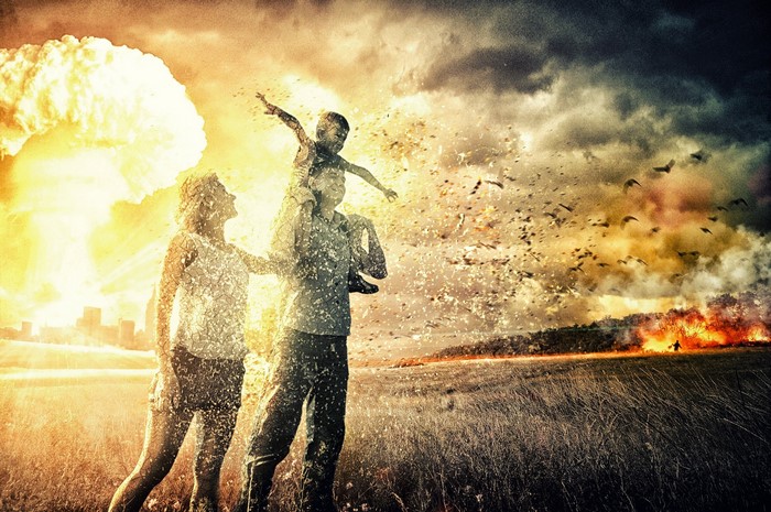 Family in front of nuclear explosion