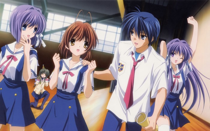 Clannad: Tomoya, Nagisa, Kyou, Ryou, and Fuko in gym
