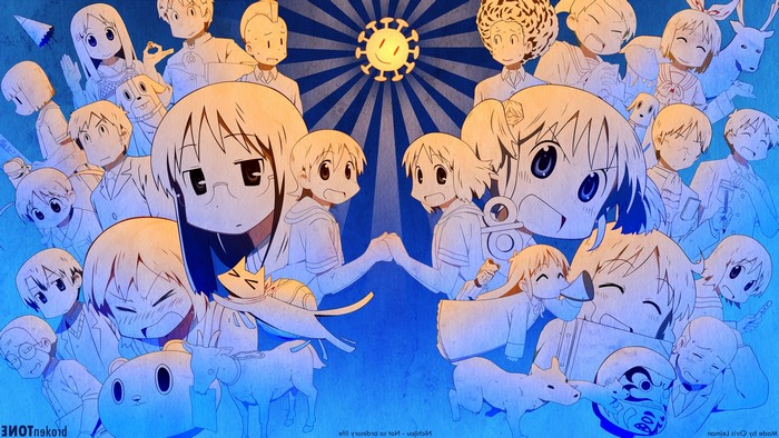 Nichijou anime characters with a sun-like virus