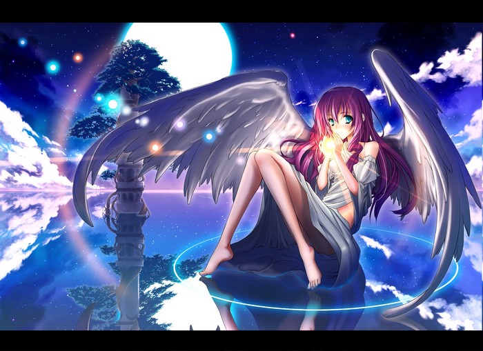 Anime angel with pink hair holding a light
